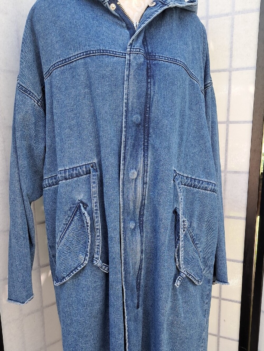 Forever 21 Womens Blue Denim Jean Hooded Long Jacket Size L - Picture 3 of 12